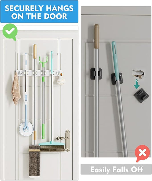 Over the Door Broom Holder, Mop and Broom Holder Door Mount, Hanging Organizer with 4 Racks & 2 Hooks, Wooden Hanger Storage Decor, Laundry Tool Organizer for Closet Garage, No Drills