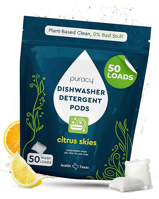 Puracy Dishwasher Pods, Natural Dishwasher Detergent, Citrus Skies Dish tabs - Enzyme-Powered, Spot & Residue Free - TikTok Trend Items, Must Haves from TikTok Made Me Buy It (Citrus Skies, 50 Count)