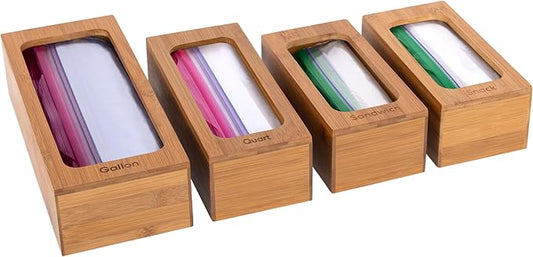 Seville Classics Bamboo Premium Organizer Storage Bins for Kitchen Silverware, Pantry, Closet, Office Desk, Pens, Utensils, Makeup, K Cup, Bamboo, Bag Holder Bin Set (4 Piece)