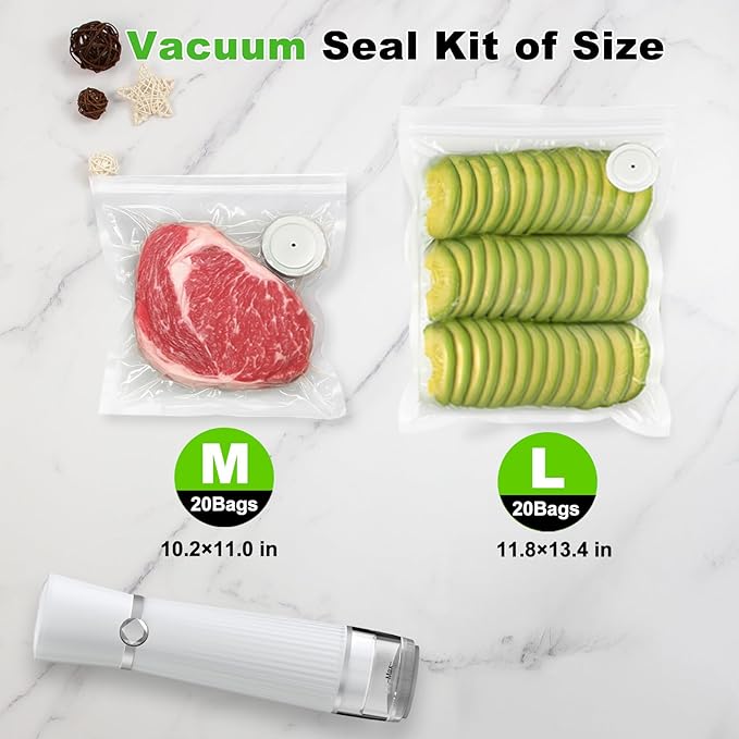 Vacuum Sealer for Food (Compact Vacuum Sealer Machine + 40 Reusable Vacuum Bags), Powerful 80Kpa Portable Vacuum Sealer for 10X Preservation & Fresh, Handheld Vacuum Food saver With 2 Seal Clips