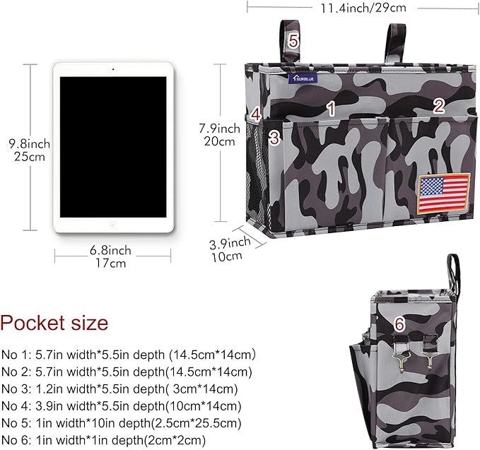 Surblue Bedside Caddy Hanging Bed Organizer Storage Bag Pocket for Bunk and Hospital Beds, College Dorm Rooms Baby Bed Rails, Wheelchair Side Bag, Camp Chiars, 4 Pockets and 2 Hooks (Small City)