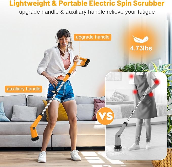 1500 RPM Electric Spin Scrubber for DeWalt 20V Battery, Power Shower Scrubber for Bathroom/Floor/Bathtub/Toilet/Tile,Electric Cleaning Brush with Long Handle & 8 Replaceable Brush (Yellow)