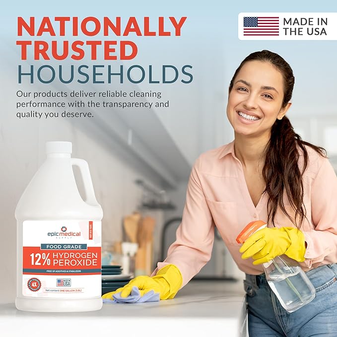 12% Food Grade Hydrogen Peroxide – Ultra-Concentrated H2O2 Peroxide Cleaner – 1 Gallon Bottle – Bleach Alternative for Household Cleaning, Laundry, Glass & More – Made in USA (1)