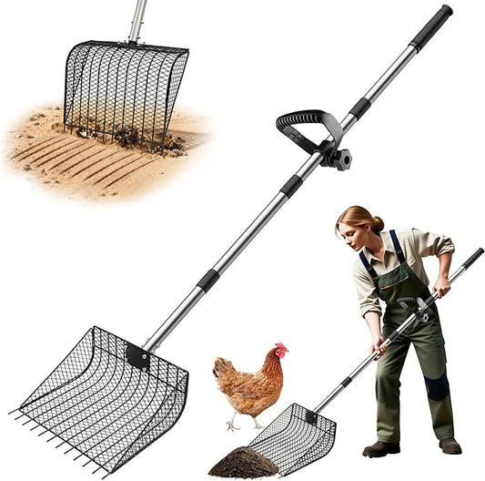 Chicken Poop Scooper & Rake 2-in-1, Otunrues Pooper Scoopers 25" to 67" Large Metal Stainless Steel Chicken Litter Scoop with Handle for Farm Pet Waste Cleaning Sifting Litter Shovel