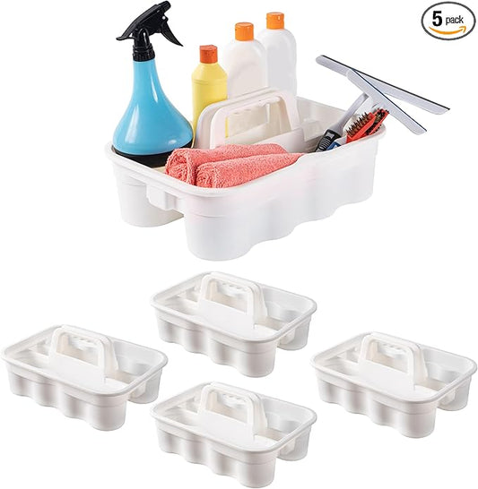 Matthew 5 Pack Large Plastic Tote Tool & Deluxe Supply Cleaning Caddy with Handle Portable Shower Basket Storage Caddy for Cleaning Products,Take-Out Drink,Bathrooms - White