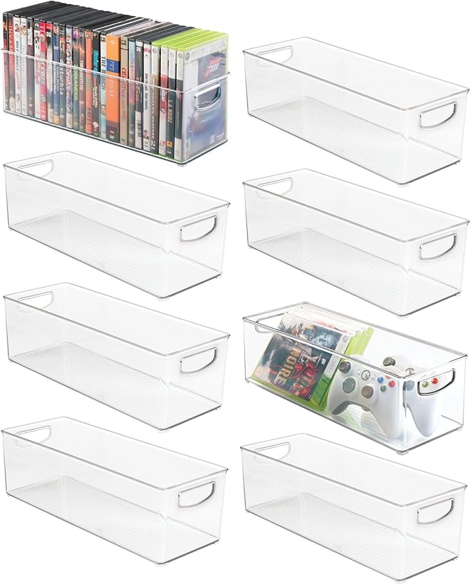 mDesign Plastic Video Game and DVD Storage Organizer - Game and Movie Disc Holder Bin with Handles for Home Media Console Stand and Closet Shelf - Ligne Collection - 8 Pack - Clear
