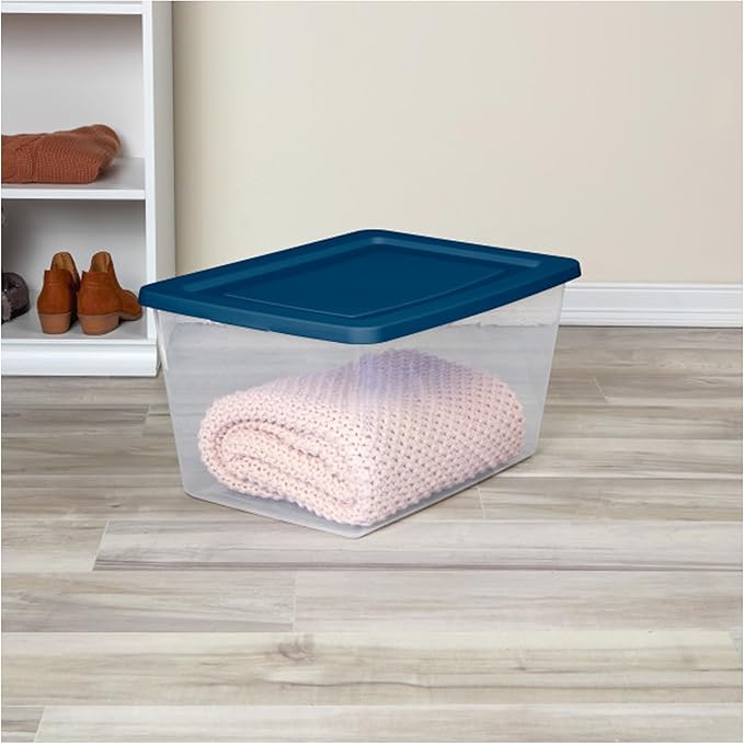 Sterilite 24 Pack Storage Boxes, Clear Plastic Stackable Containers, Lightweight Home Organizers with Snap Lids, 58 Quart, Marine Blue