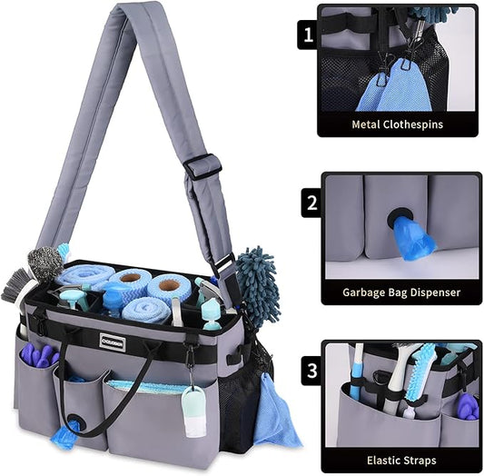 Large Cleaning Caddy Organizer with Handle, Sponge Shoulder Strap Cleaning Supplies Organizer with Foldable Dividers Zipper Pocket Cleaning Supply Caddy for Cleaners Housekeepers