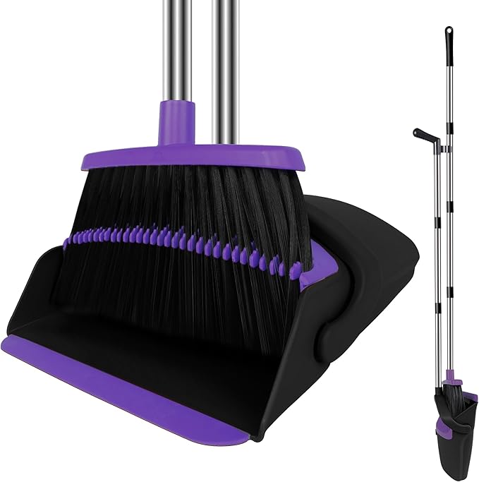 Broom and Dustpan Set, Upright Purple Broom with Dustpan Combo Set 51" Long Handle, Self Cleaning Dust Pan for Home, Kitchen and Office