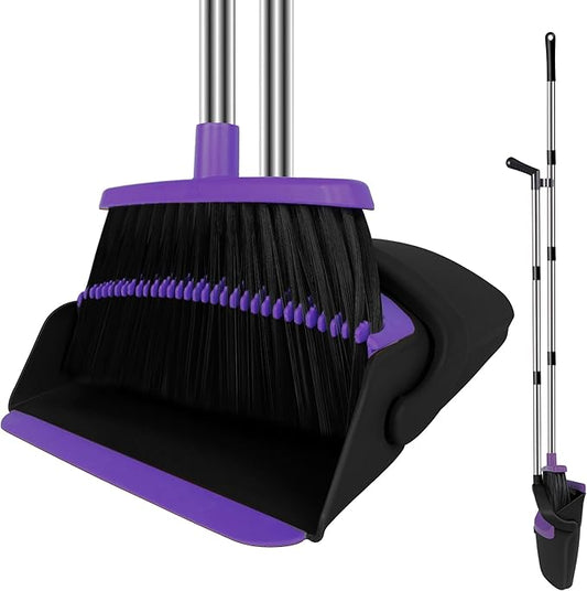 Broom and Dustpan Set, Upright Purple Broom with Dustpan Combo Set 51" Long Handle, Self Cleaning Dust Pan for Home, Kitchen and Office