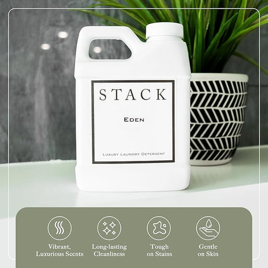 STACK Eden Luxury Laundry Detergent - Premium Scented Laundry Detergent for HE & Standard Washers - Infused with Passion Fruit & Mint - Paraben & Dye Free - Gentle & Effective Cleaning - 32 oz
