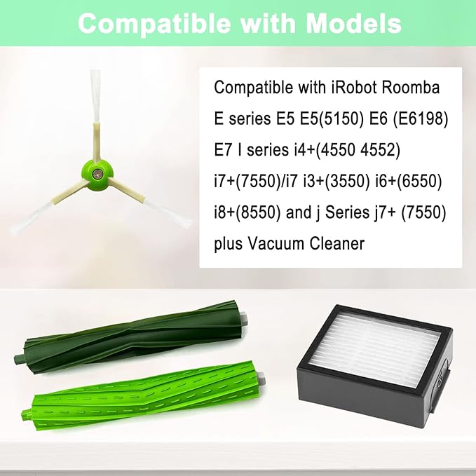 Replacement Parts Compatible for iRobot Roomba i3 i3+ i5 i5+ j5 j5+ i4 i4+ i6 i6+ i7 i7+ i8 i8+J7 /Plus E5 E6 E7 I,E &J Series Vacuum Cleaner, 1 Set Rubber Brush,8 Filters,8 Side Brushes