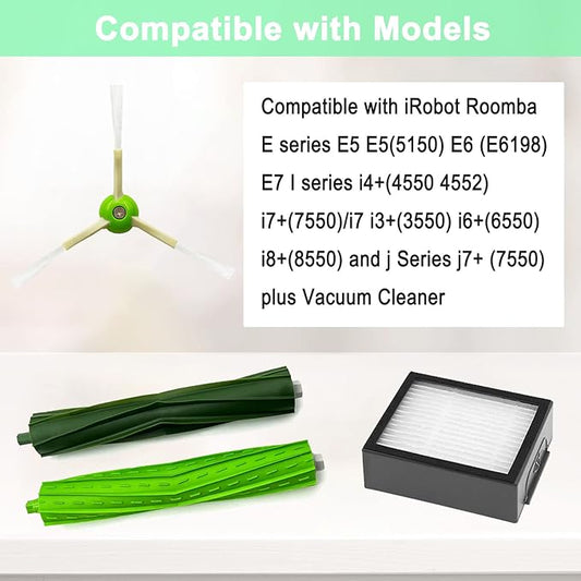 Replacement Parts Compatible for iRobot Roomba i3 i3+ i5 i5+ j5 j5+ i4 i4+ i6 i6+ i7 i7+ i8 i8+J7 /Plus E5 E6 E7 I,E &J Series Vacuum Cleaner, 1 Set Rubber Brush,8 Filters,8 Side Brushes