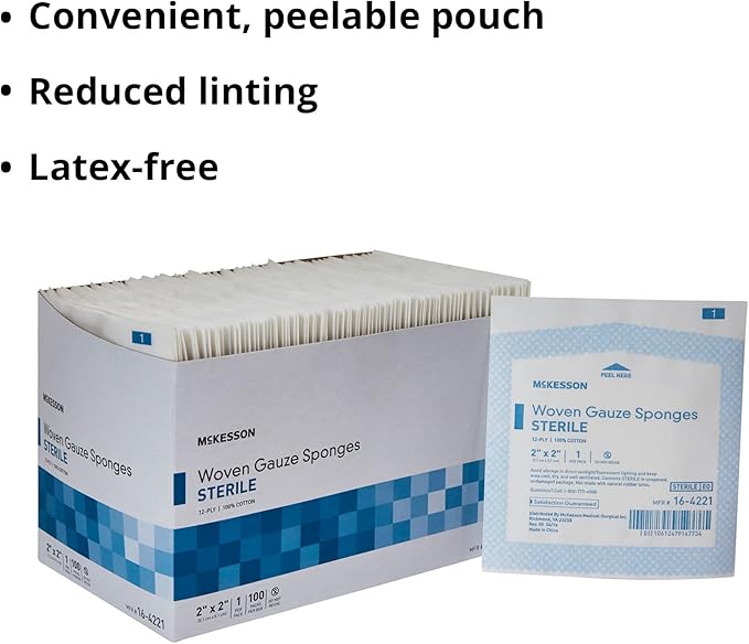 McKesson Woven Gauze Sponges, Sterile, 12-Ply, 100% Cotton, 2 in x 2 in, 100 per Pack, 1 Pack