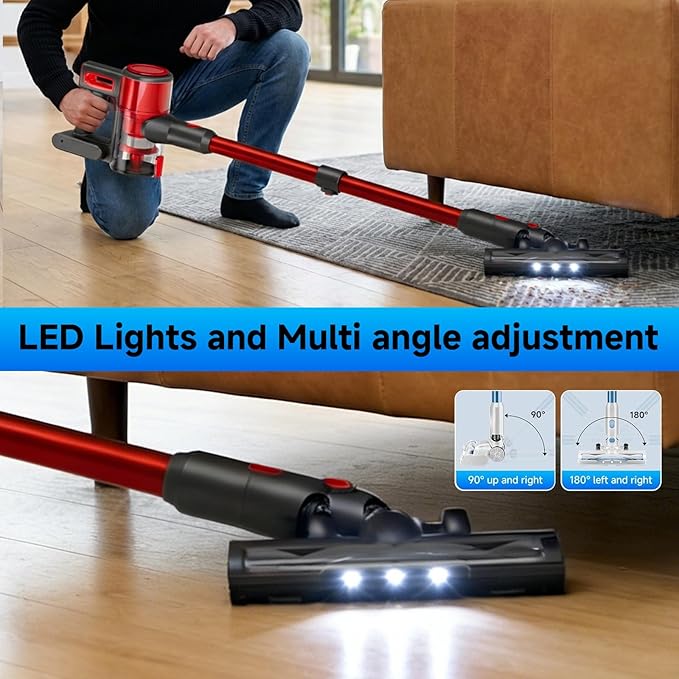Cordless Vacuum Cleaner for Home - Lightweight, Stick Vacuum Clean with Rechargeable Battery, Max 45Mins Runtime, 8 in 1 Handheld Vacuum for Hardfloor & Carpets Pet Hair, Red&Black
