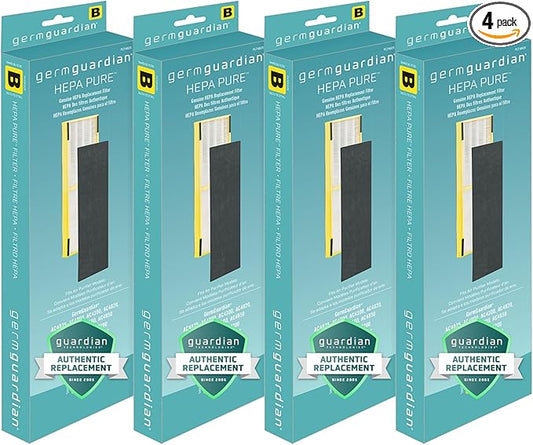 GermGuardian Filter B HEPA Pure Genuine Air Purifier Filter, Removes 99.97% of Pollutants, Wildfire Smoke, Odors, for AC4825, AC4300, AC4900, AC4825, AC4850, CDAP4500, 4-Pack, Black/Yellow,FLT48254PK