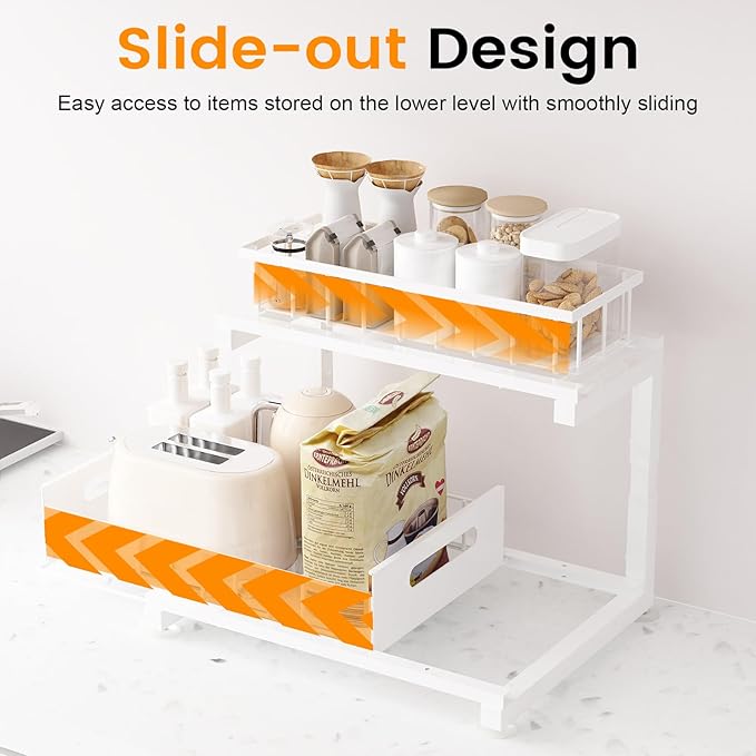 Under Sink Organizer, Heavy Duty Metal Pull Out Cabinet Organizer Slide Out Sink Shelf Organizer Height Adjustable, Multi-Purpose Storage Shelf for Kitchen Bathroom (White,1Pack)