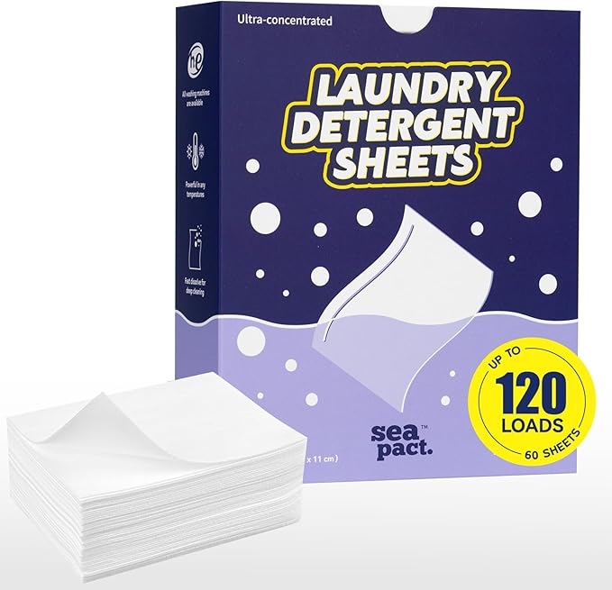 Laundry Detergent Sheets Up to 120 Loads, Gentle for Skin, Lavender Scent, Plastic Free, Stain-Fighting Enzymes, Soap Sheets, No Waste, Quick Dissolve, Easy to storm, Dorm Travel essentials, 60 Ct