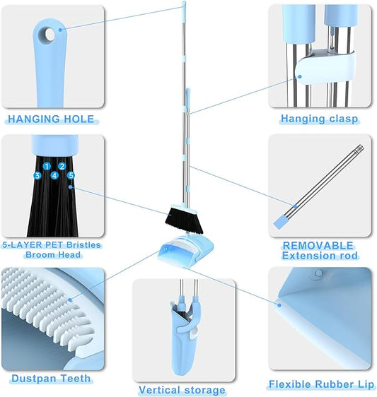 Broom and Dustpan Set, 52-in Handle Broom Dustpan Combo Set with Dustpan Teeth to Clean Pet Hair Suitable for Home Kitchen Office Garden Garage(Blue)