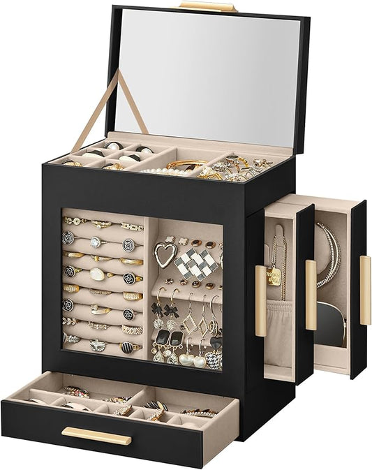SONGMICS Jewelry Box with Glass Window, 5-Layer Jewelry Organizer with 3 Side Drawers, Jewelry Storage, with Big Mirror, Modern, 5.1 x 7.9 x 9.7 Inches, Ink Black and Metallic Gold UJBC172B01