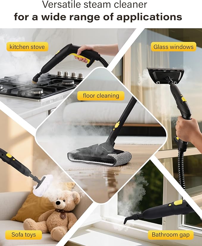 Multi-Purpose Steam Cleaner for Grout, Tile, Car Detailing & Home Appliances - 23 Attachments for Grime, Grease, Bacteria Removal - with 16.4ft Long Cord