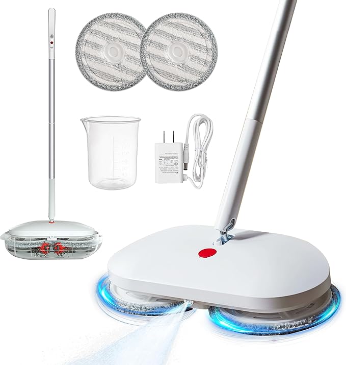 Cordless Electric Spin Mop - Power Mop with 2 Floor Scrubber Pads & Automatic Cleaning Bucket Suitable for Wooden, Marble, Tile, Hardwood Floor