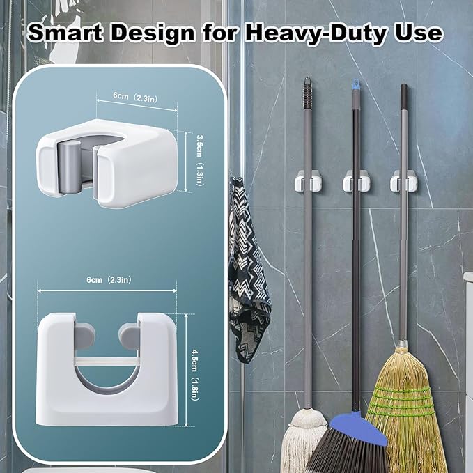 funest 6 Pack Mop and Broom Holder Wall Mount, No Drill Needed Self Adhesive, Non-Slip Mop Grippers for Tile Walls - Kitchen, Bathroom, Garage（White）