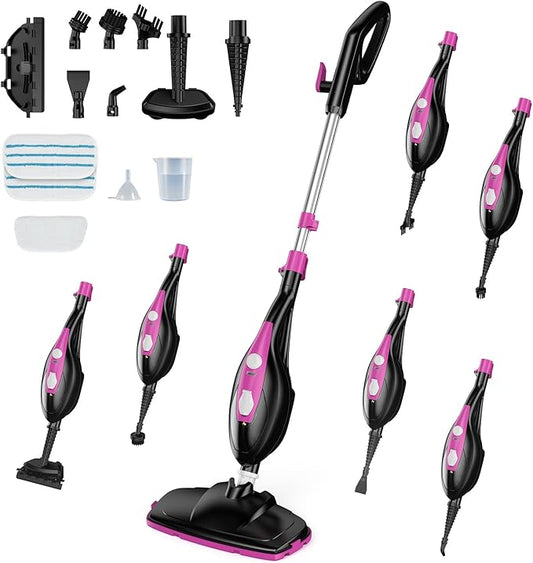 OLIXIS 10-in-1 Steam Mop, 1550W Detachable Handheld Steam Cleaner for Floor Cleaning, 16FT Cord, 2 Washable Pads, Multi-Purpose Floor Steamer for Hardwood, Carpet, Tile, Grout, Windows, Black Pink