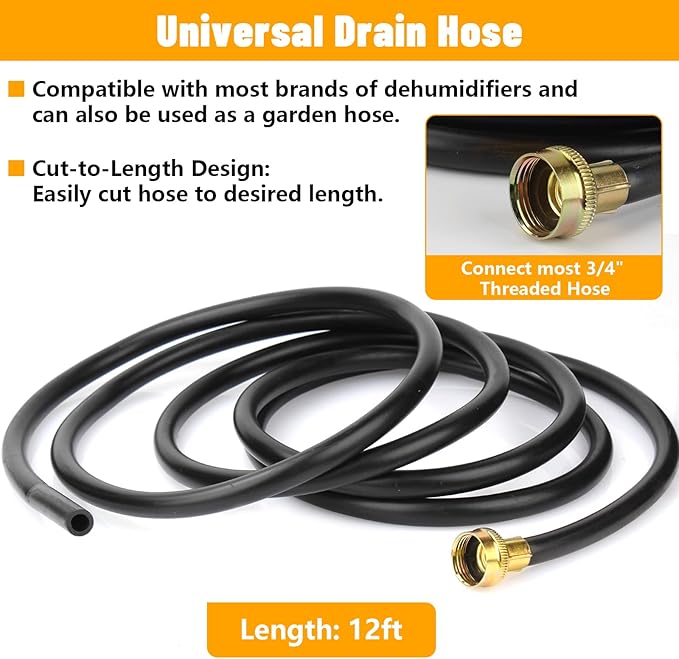 12FT Dehumidifier Drain Hose with 3/4 Inch FHT Connector, 18FFDHMH01 Dehumidifier Hose Compatible with Most Dehumidifier Brands, Corrosion-Resistant Brass Fittings for a Secure, Leak-Proof Connection