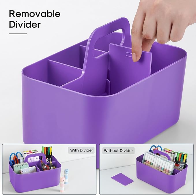 Multiuse Caddy Organizer with Handle, Stackable Plastic Tote Bin - Art Craft Supplies, Office, Desk, Stationery Pen Holder, Kitchen, Utensil, Makeup, Bathroom, Shower, Cleaning, Dorm Organizer, Purple