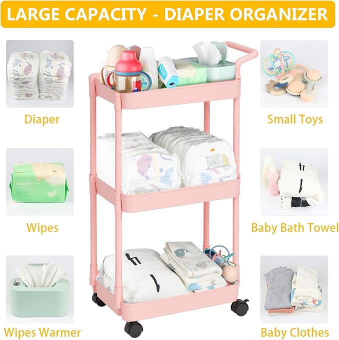 Diaper Caddy - Plastic Diaper Organizer for Nursery Essentials, Baby Organizers and Storage, Movable Cart for Changing Table & Crib, Baby Registry Search, Pink