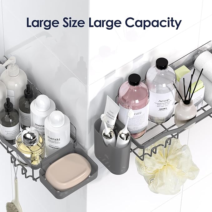 Shower Caddy Adhesive Shower Organizer 8-Pack, Rustproof Stainless Steel Bathroom Shelves, Large Capacity No-Drill Rack Storage Accessories with Soap Dish Toothbrush Holder Hooks