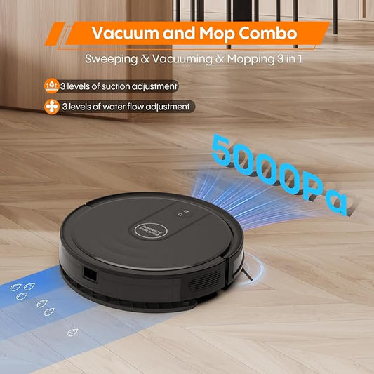 Robot Vacuum and Mop Combo, 3-in-1 Robot Vacuum Cleaner with 5000Pa, Smart Navigation Robotic Vacuums with Multi-Surface Cleaning, 2.87" Super Slim, Wi-Fi/App/Alexa, for Pet Hair Hard Floors Carpet