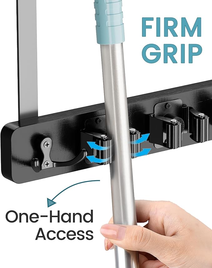 HULISEN Broom Holder Door Mount, Over the Door Broom and Mop Holder with 0.6" Thick Pads, Wood Mop Organizer Tool Hanger with 4 Racks & 2 Hooks for Laundry Cabinet Kitchen Garage, No Drills
