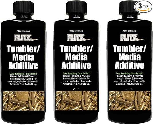 Flitz Tumbler Media Additive - 7.6oz Bottle of USA-Made Brass Cleaner Reloading Liquid for Ammo, Copper, & All Metals - Ammonia-Free Tumbling Polish to Remove Oxidation, Powder Residue (3 Pack)
