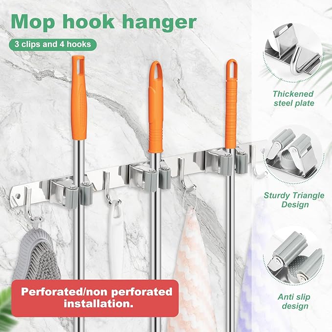 1Pcs 3 Racks 4 Hooks Stainless Steel Broom Mop Holder Anti Slip Wall Mount Broom Storage Rack Strong Load Bearing Waterproof Mop Organizer for Bathroom Kitchen Garage