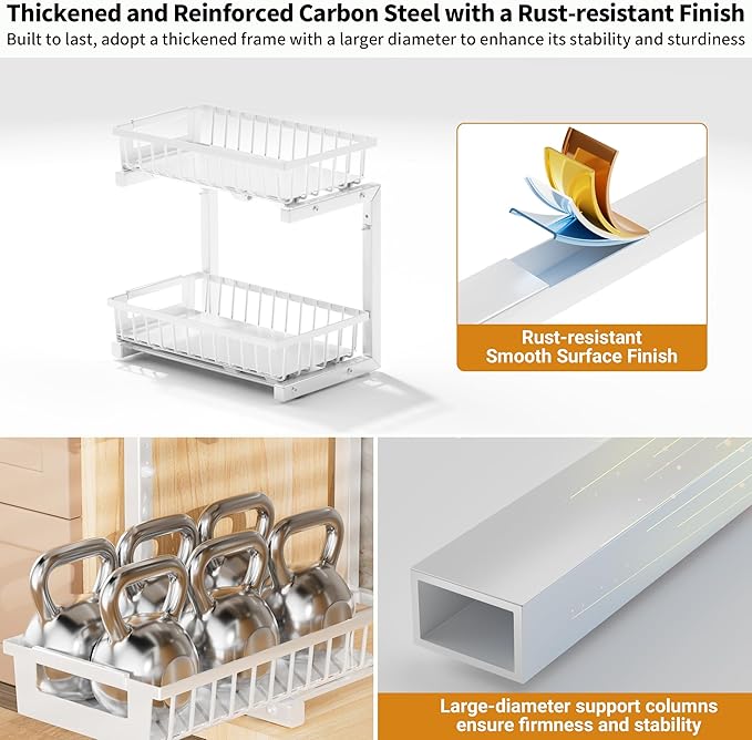Under Sink Organizer 2 Pack, 2 Tier Adjustable Height Reinforced Carbon Steel Under Kitchen Bathroom Sink Storage Organizer, Smooth Pull-Out Under Sink Cabinet Rack Drawer Organizer, White