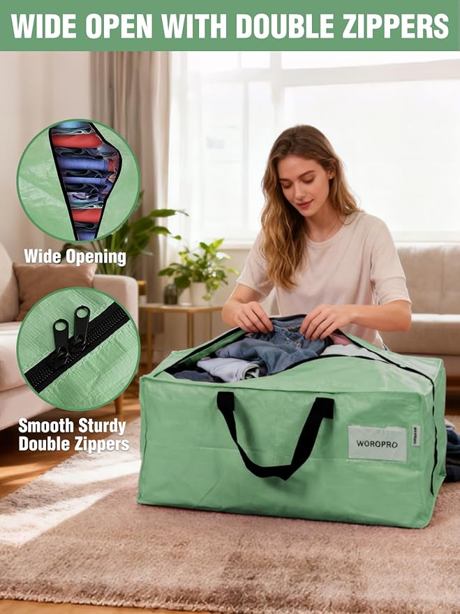 WORKPRO 2 Pack Extra Large Moving Bags with Zippers & Carrying Handles Backpack Straps, Heavy-Duty Storage Tote for Space Saving & Storage, Alternative to Moving Box (Green)