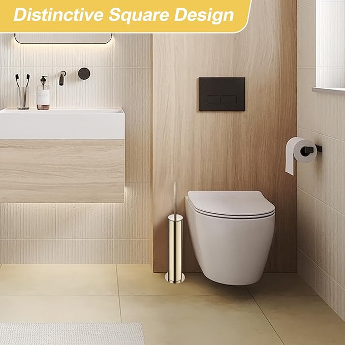BGL Toilet Brush and Holder Set, Heavy Duty 304 Stainless Steel, Round Base and Long Handle for Bathroom Deep Cleaning, Drip-Proof, Space Saving for Storag, Gold