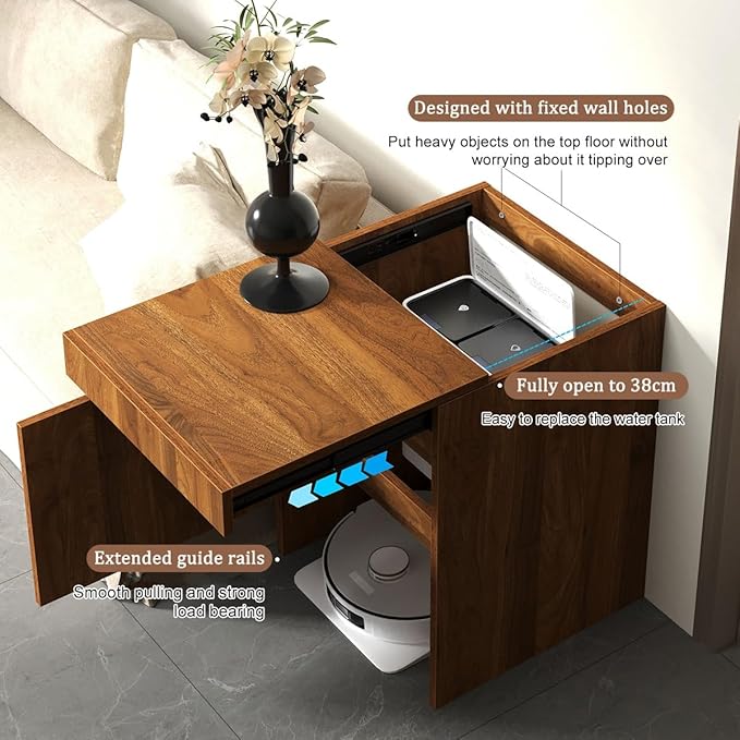 Robot Vacuum Stand Cabinet,Storage Cabinet with Doors for Robot Vacuum Cleaner,End Side Table for Home Office,Wood Freestanding Rack for Living Room Home Office Kitchen(Black)