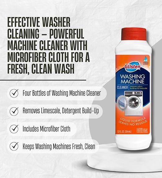 4x Washing Machine Cleaner 12 oz Bundle with Microfiber Cloth– Cleans Residue, Odors, and Mineral Buildup in HE and Standard Washers– Laundry Machine Cleaner and Deodorizer– Gift Set (5 Items)