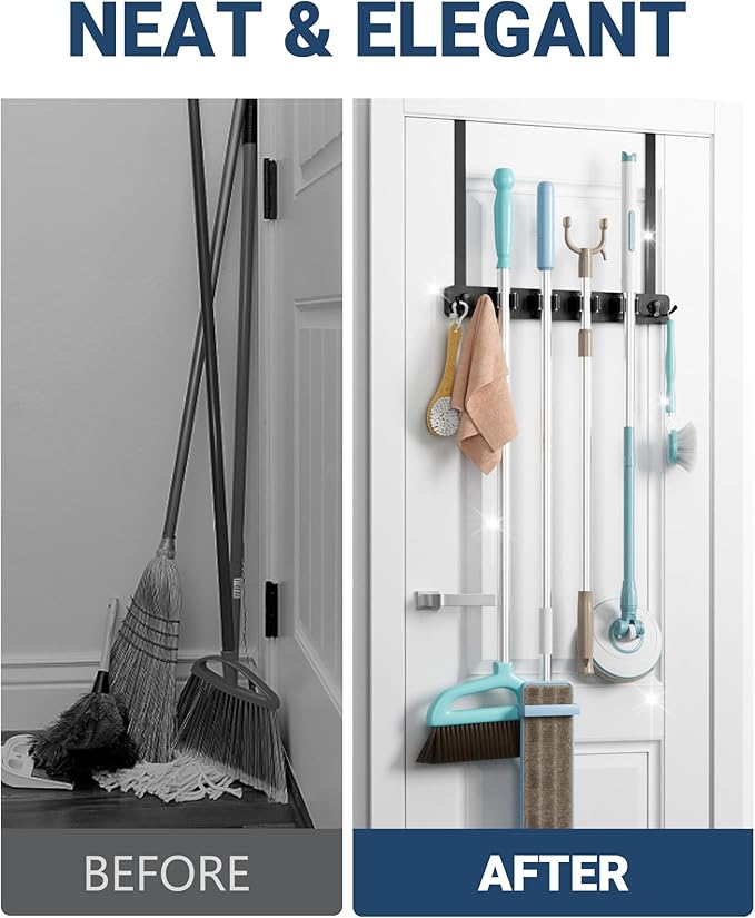 Lorbro Broom Holder Door Mount, Over the Door Broom and Mop Holder with 2 Over Door Hooks, Wood Broom Hanger, Tool Rack Organizer for Laundry, Garage, Closet, Kitchen Decor, 4 Slots & 4 Hooks Rustic