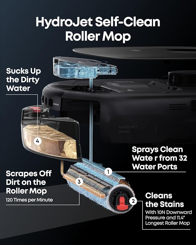 eufy Robot Vacuum E28, Portable Carpet for Deep Cleaning, HydroJet System with Roller Mop, All-in-One Robot Vacuum and Mop Combo, 20,000 Pa Suction, Zero-Tangling, Corner-to-Edge Cleaning (Upgraded)