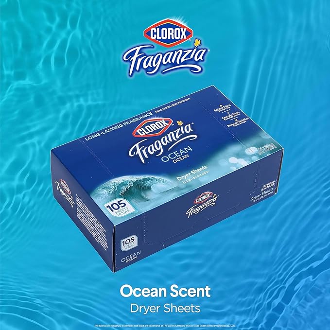 Clorox Fraganzia Fabric Softener Dryer Sheets, Ocean Scent - Wrinkle Reducing Scented Softening Laundry Dryer Sheets for Great Smelling Clothes, 105 Count - 6 Pack