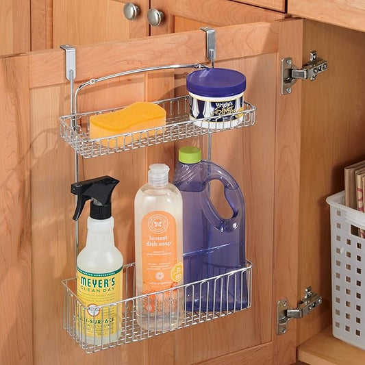 mDesign Over Cabinet Kitchen Storage Unit - Practical Organiser with Stainless Steel Storage Baskets - Hanging Cupboard Organiser for Cleaning Supplies and Cookware - Chrome