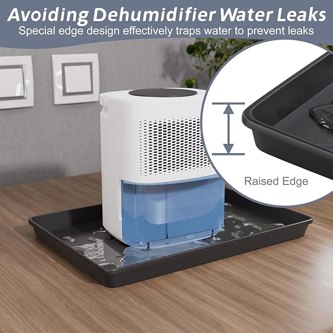 Flamorrow Dehumidifier Mat, Hard Plastic Drip Pan for Home and Basement Dehumidifiers, Dehumidifier Tray with Raised Edge for Leaks, Prevents Water from Pooling Underneath, Black, 13"x9"