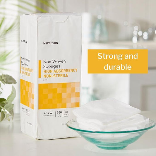 McKesson Non-Woven Sponges, Non-Sterile, 4-Ply, High Absorbency, Polyester/Rayon, 4 in x 4 in, 200 per Pack, 10 Packs, 2000 Total
