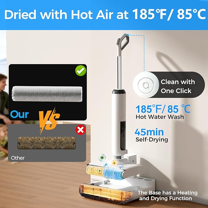 Wet Dry Vacuum Cleaner, 180° Lay-Flat Cordless Vacuum Mop Combo with Edge Cleaning, All-in-One Floor Cleaner for Hard Floors, 45mins Runtime, Full-Path Self-Cleaning&185℉ Flashdry