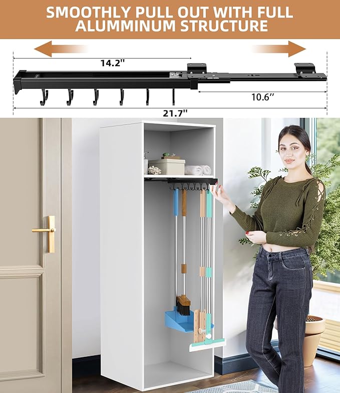 Pull Out Broom Holder With Adjustable Double Row Sliding Hook, Multifunctional Slide Broom And Mop Storage/Organizer Garage Organization Hooks, for Closet Laundry Garage - 36cm/14.17in