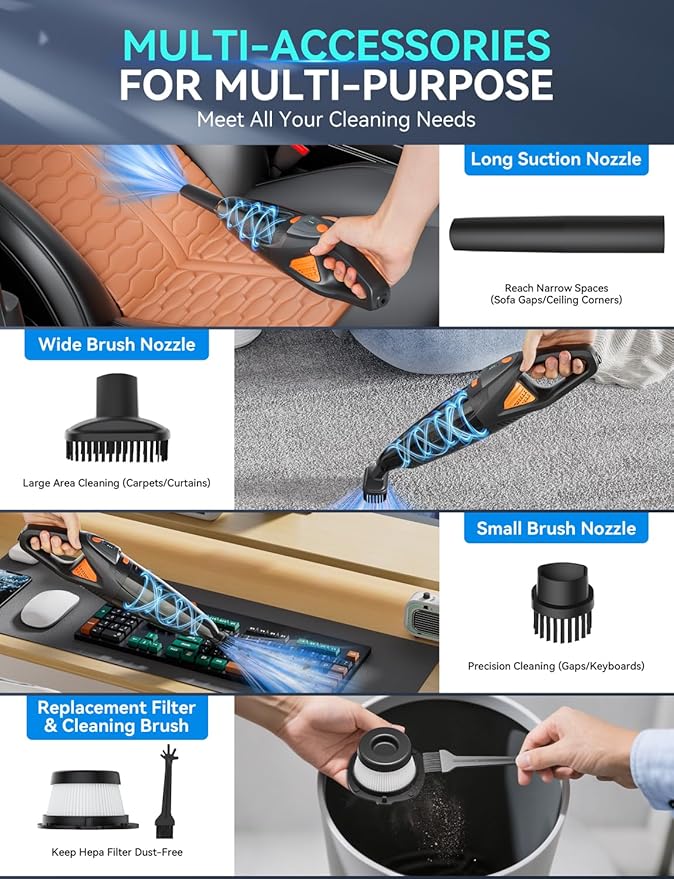 GHUSTAR Handheld Vacuum Cordless - 25000PA Strong Suction Hand Held Car Vacuum Cleaner Portable with Multi-Nozzles - Lightweight Dust Busters Rechargeable for Home Car Office Pets 2 Levels